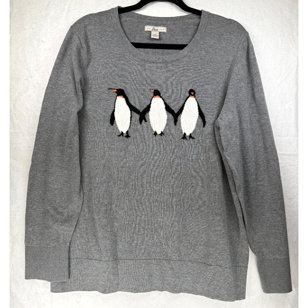 Bass 3-Penguin Sweater Womens XXL Gray Holiday Winter Crew Neck Cotton Pullover
